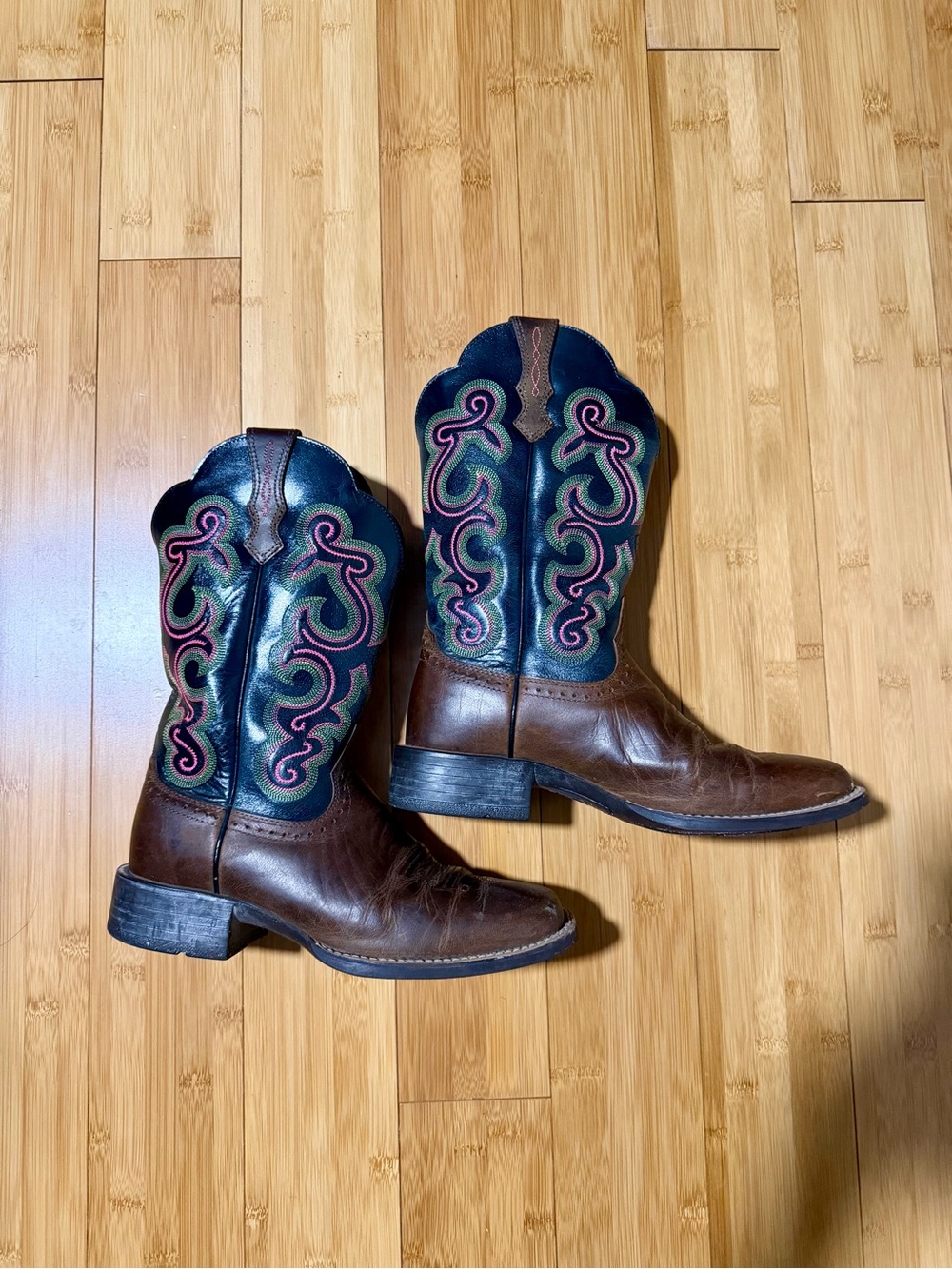 Ariat Brown Leather Cowboy Boots with Teal Shaft and Pink-Green Embroidery
